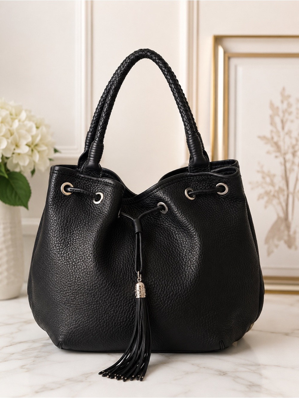 Cole Haan Black Pebbled Leather Bucket Bag Drawstring Tassel Braided Handle Tote